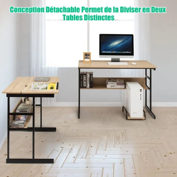 Bureau d'Angle en forme de L Ajustable à Bureau Droit 2 Personnes avec Plateau Inclinable Support Centrale Marron/Café/Naturel