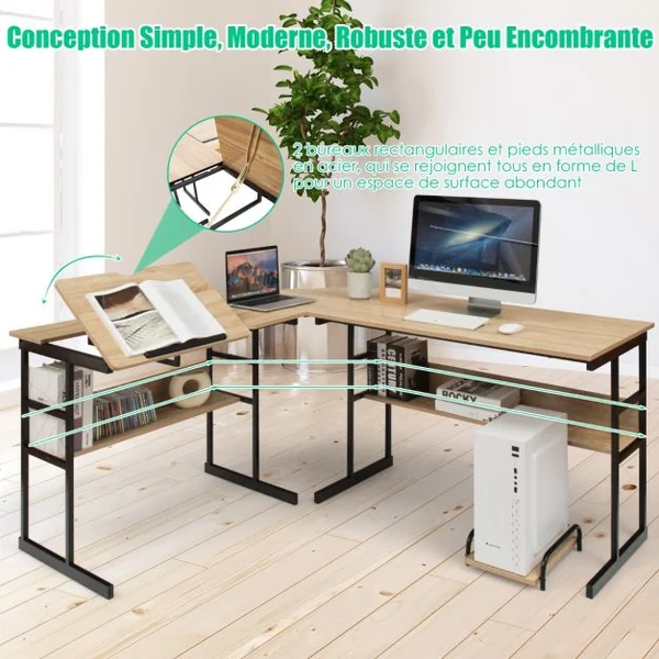 Bureau d'Angle en forme de L Ajustable à Bureau Droit 2 Personnes avec Plateau Inclinable Support Centrale Marron/Café/Naturel