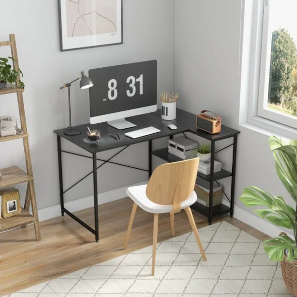 Bureau d'Angle en Forme L Réversible Poste de Travail avec Étagères de Rangement Assemblage Facile Peu Encombrant pour Maison Bureaux 120 x 88 x 74,5 cm Gris