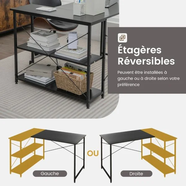 Bureau d'Angle en Forme L Réversible Poste de Travail avec Étagères de Rangement Assemblage Facile Peu Encombrant pour Maison Bureaux 120 x 88 x 74,5 cm Gris