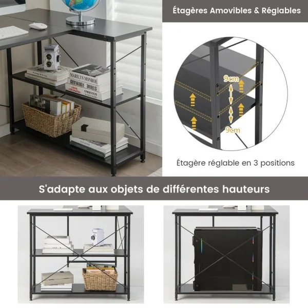 Bureau d'Angle en Forme L Réversible Poste de Travail avec Étagères de Rangement Assemblage Facile Peu Encombrant pour Maison Bureaux 120 x 88 x 74,5 cm Gris
