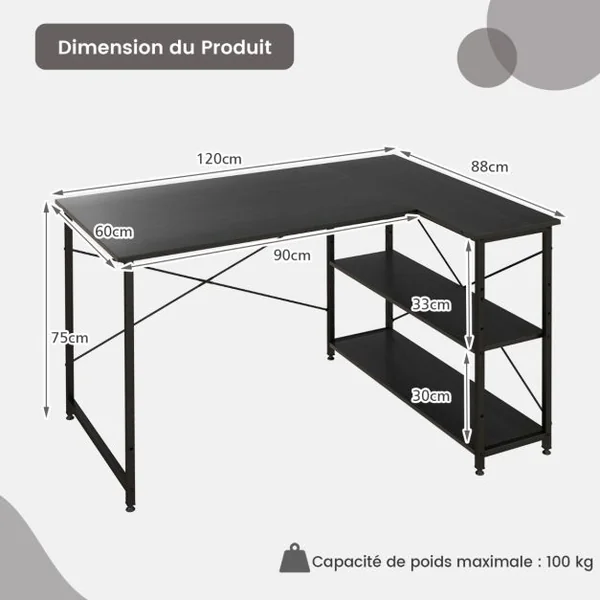 Bureau d'Angle en Forme L Réversible Poste de Travail avec Étagères de Rangement Assemblage Facile Peu Encombrant pour Maison Bureaux 120 x 88 x 74,5 cm Gris