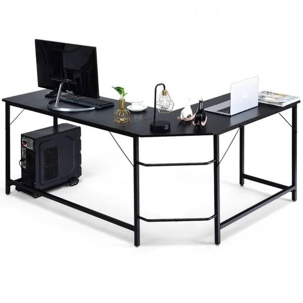 Bureau D'angle Grand Bureau en Forme de L Supporte D’unité Centrale en Bois et Métal 168x125x74cm Couleur de Bois/Noir/Marron