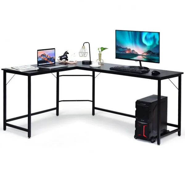 Bureau D'angle Grand Bureau en Forme de L Supporte D’unité Centrale en Bois et Métal 168x125x74cm Couleur de Bois/Noir/Marron