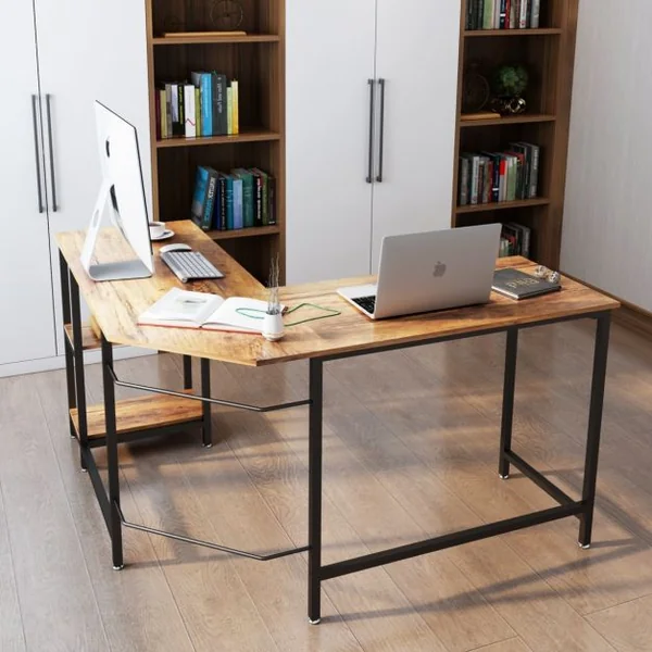 Bureau D'angle Table de Travail en Forme de ‘l’ avec 2 Tablettes Capacité 50 Kg Structure en Acier 138x138x75cm