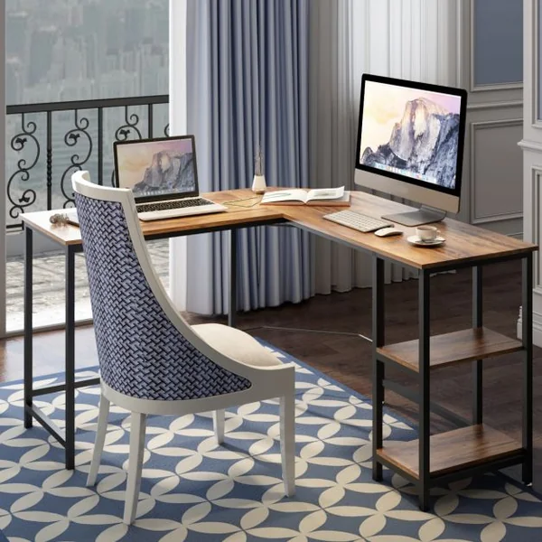 Bureau D'angle Table de Travail en Forme de ‘l’ avec 2 Tablettes Capacité 50 Kg Structure en Acier 138x138x75cm