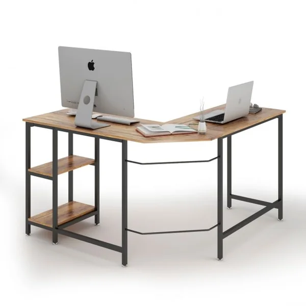 Bureau D'angle Table de Travail en Forme de ‘l’ avec 2 Tablettes Capacité 50 Kg Structure en Acier 138x138x75cm