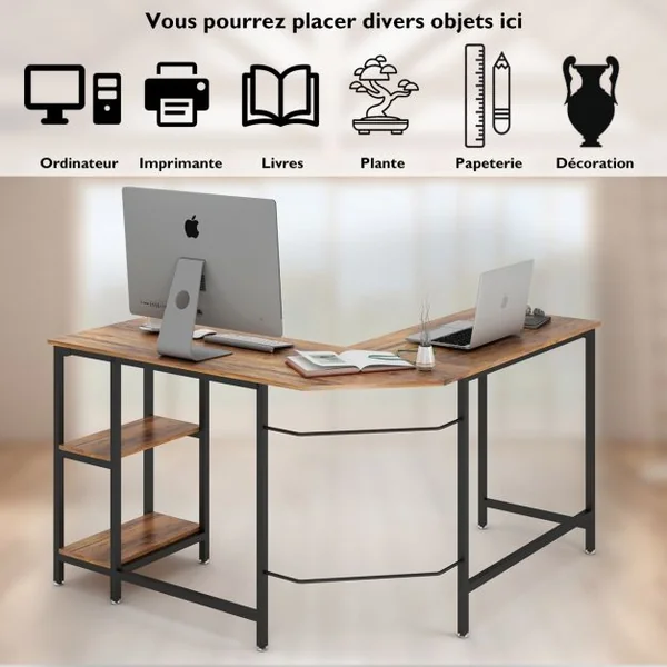 Bureau D'angle Table de Travail en Forme de ‘l’ avec 2 Tablettes Capacité 50 Kg Structure en Acier 138x138x75cm