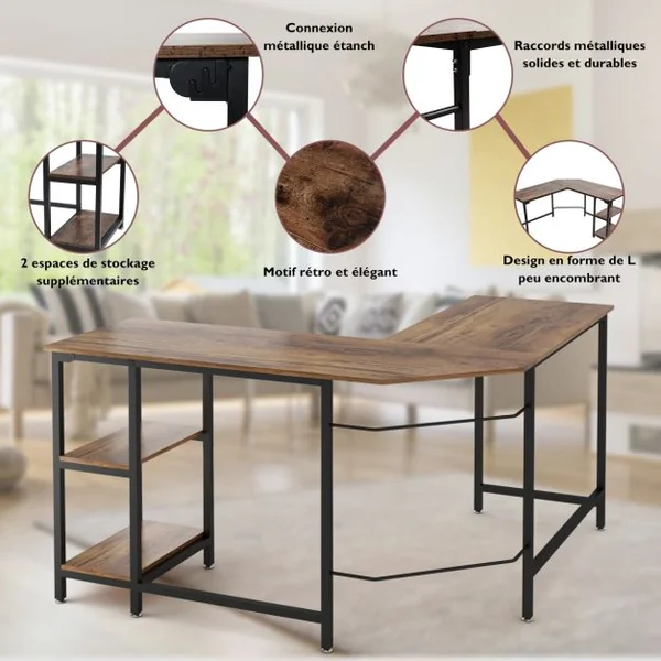 Bureau D'angle Table de Travail en Forme de ‘l’ avec 2 Tablettes Capacité 50 Kg Structure en Acier 138x138x75cm