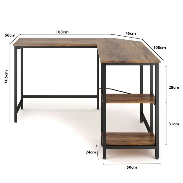 Bureau D'angle Table de Travail en Forme de ‘l’ avec 2 Tablettes Capacité 50 Kg Structure en Acier 138x138x75cm