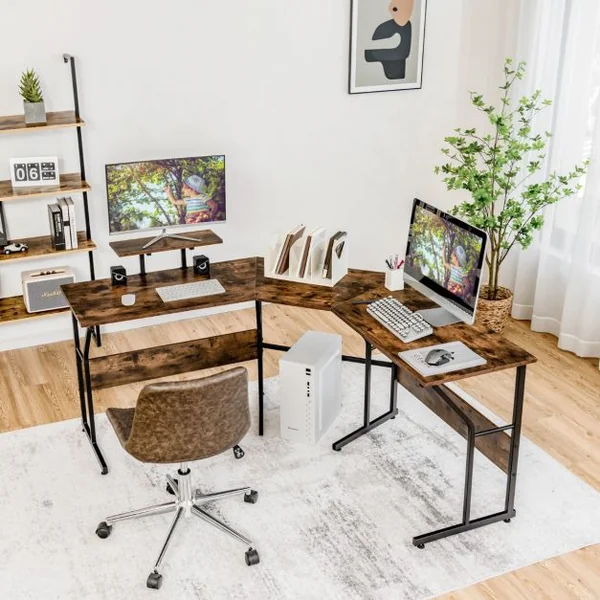 Bureau d’Angle Table Informatique en Forme de L avec Support Mobile d’Écran de PC pour le Travail l'Écriture et les Jeux Marron Rustique