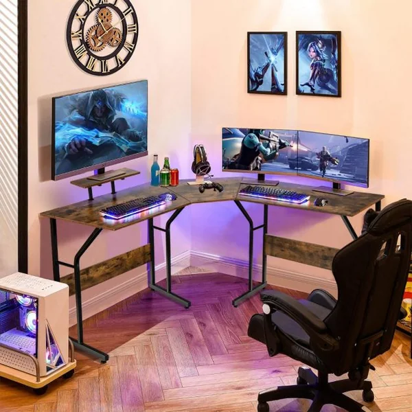 Bureau d’Angle Table Informatique en Forme de L avec Support Mobile d’Écran de PC pour le Travail l'Écriture et les Jeux Marron Rustique
