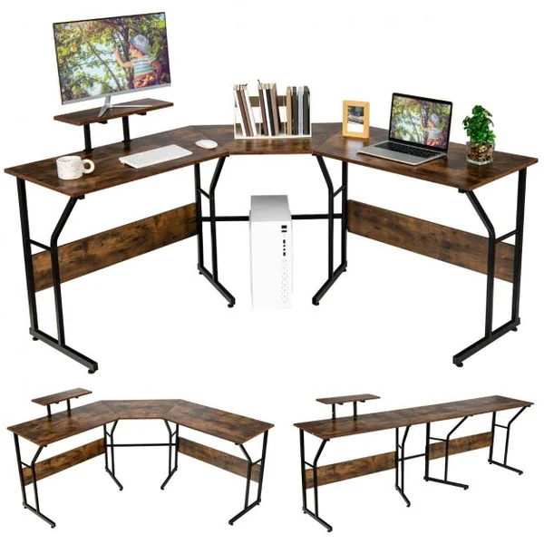 Bureau d’Angle Table Informatique en Forme de L avec Support Mobile d’Écran de PC pour le Travail l'Écriture et les Jeux Marron Rustique