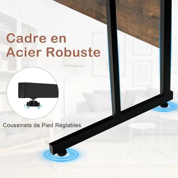 Bureau d’Angle Table Informatique en Forme de L avec Support Mobile d’Écran de PC pour le Travail l'Écriture et les Jeux Marron Rustique