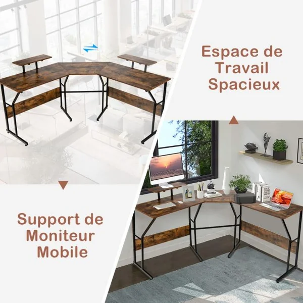 Bureau d’Angle Table Informatique en Forme de L avec Support Mobile d’Écran de PC pour le Travail l'Écriture et les Jeux Marron Rustique