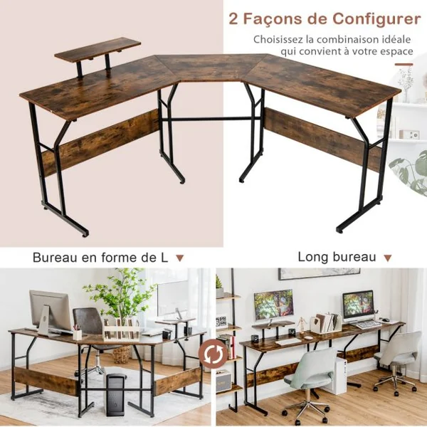 Bureau d’Angle Table Informatique en Forme de L avec Support Mobile d’Écran de PC pour le Travail l'Écriture et les Jeux Marron Rustique