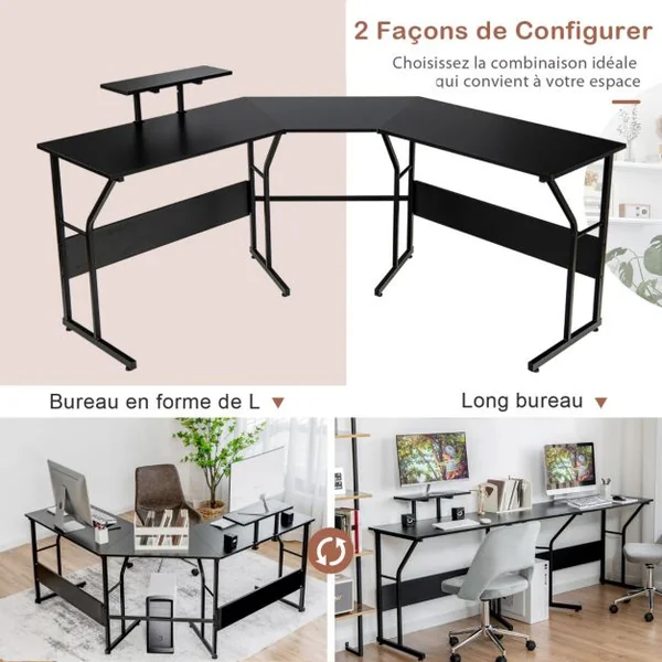 Bureau d’Angle Table Informatique en Forme de L avec Support Mobile d’Écran de PC pour le Travail l'Écriture et les Jeux Noir