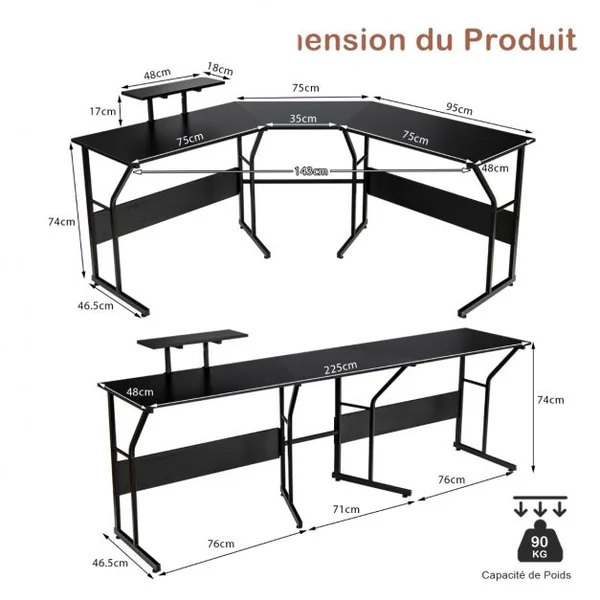 Bureau d’Angle Table Informatique en Forme de L avec Support Mobile d’Écran de PC pour le Travail l'Écriture et les Jeux Noir
