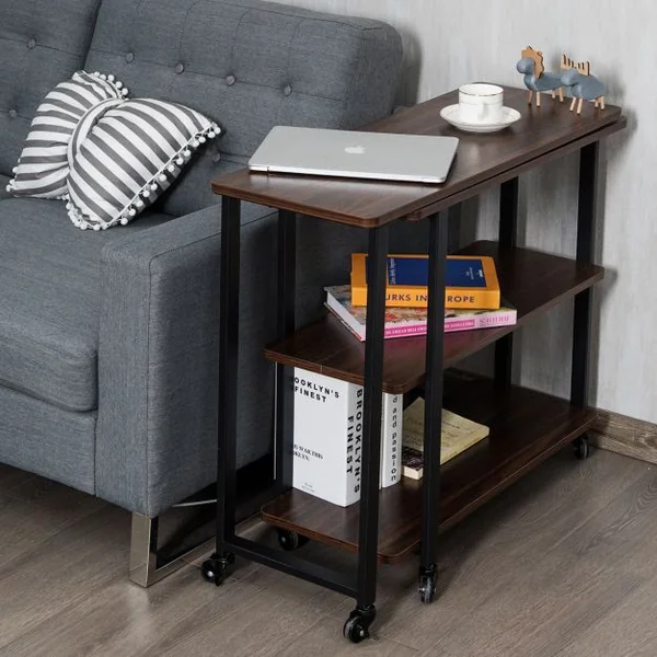 Bureau d'Angle à Roulettes pour Ordinateur Bureau en Forme L avec 3 Etagères Cadre en Métal