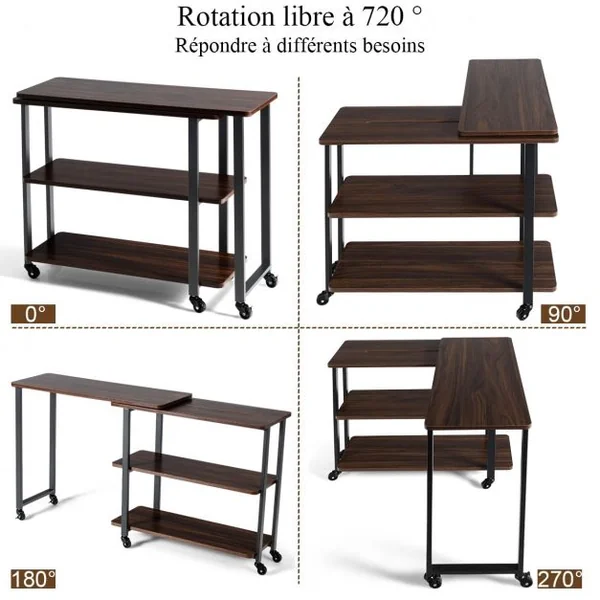 Bureau d'Angle à Roulettes pour Ordinateur Bureau en Forme L avec 3 Etagères Cadre en Métal
