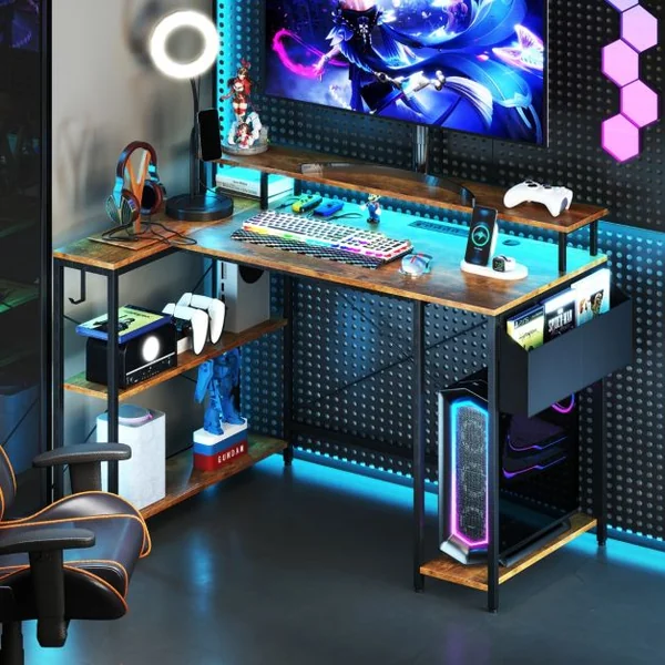 Bureau de Jeu d’Angle 120 cm avec Lumières LED et Prises de Courant Etagères de Rangement et Support d’Ecran Marron Rustique/Noir