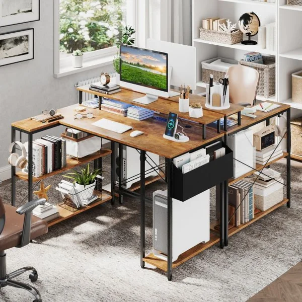 Bureau de Jeu d’Angle 120 cm avec Lumières LED et Prises de Courant Etagères de Rangement et Support d’Ecran Marron Rustique/Noir