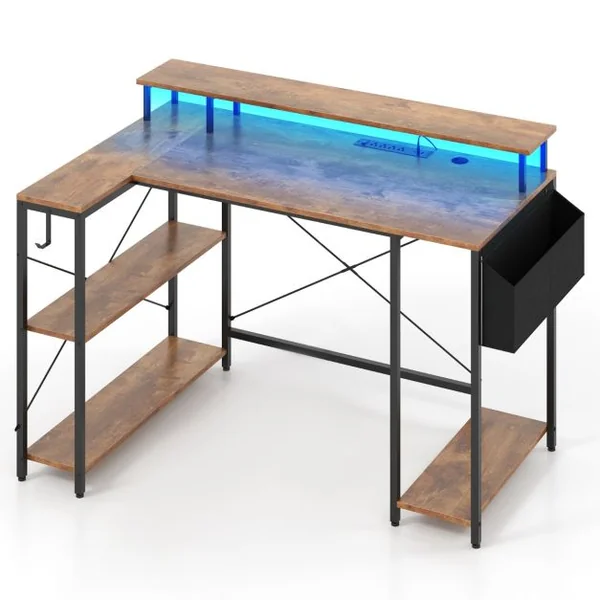 Bureau de Jeu d’Angle 120 cm avec Lumières LED et Prises de Courant Etagères de Rangement et Support d’Ecran Marron Rustique/Noir