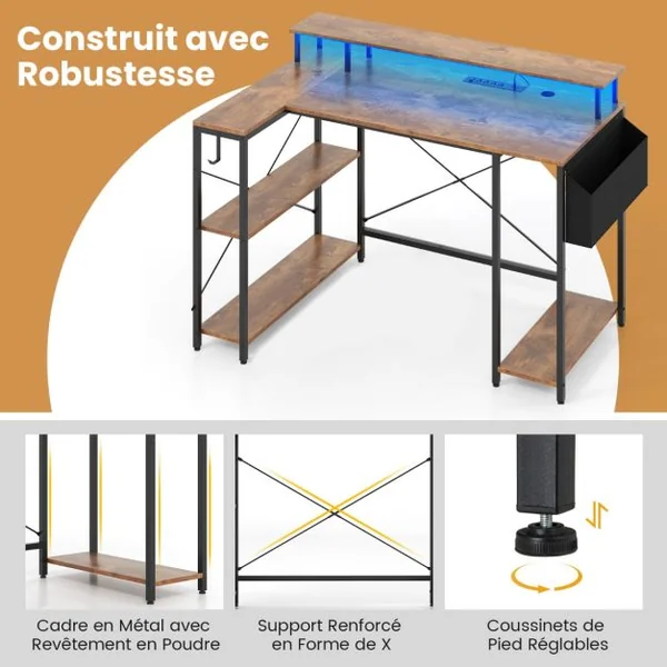 Bureau de Jeu d’Angle 120 cm avec Lumières LED et Prises de Courant Etagères de Rangement et Support d’Ecran Marron Rustique/Noir