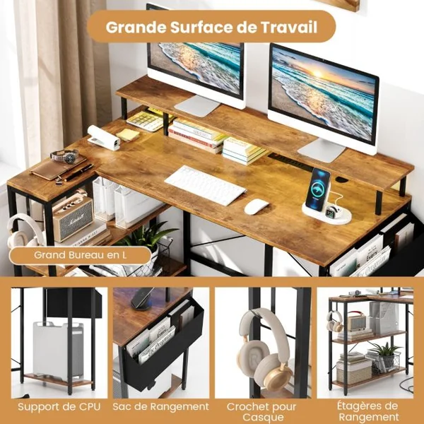 Bureau de Jeu d’Angle 120 cm avec Lumières LED et Prises de Courant Etagères de Rangement et Support d’Ecran Marron Rustique/Noir
