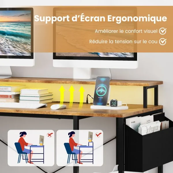 Bureau de Jeu d’Angle 120 cm avec Lumières LED et Prises de Courant Etagères de Rangement et Support d’Ecran Marron Rustique/Noir