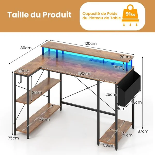 Bureau de Jeu d’Angle 120 cm avec Lumières LED et Prises de Courant Etagères de Rangement et Support d’Ecran Marron Rustique/Noir