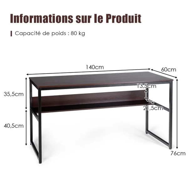 Bureau de Style Industriel L 140 X P 60 X H 76 cm avec Etagère de Rangement Cadre en Métal Café