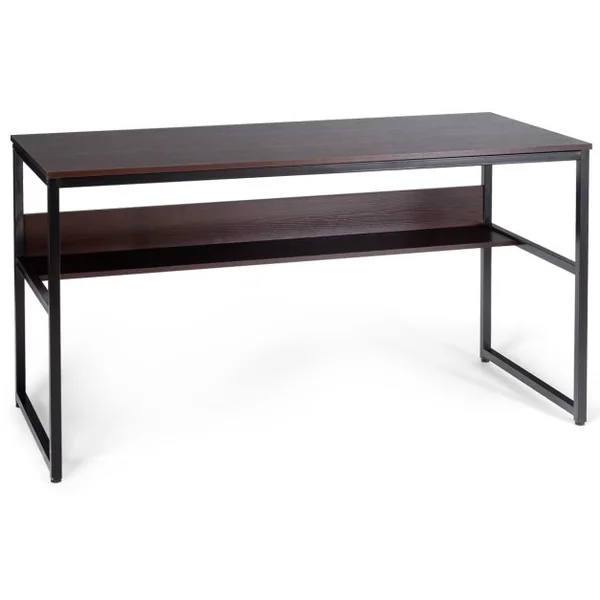 Bureau de Style Industriel L 140 X P 60 X H 76 cm avec Etagère de Rangement Cadre en Métal Café