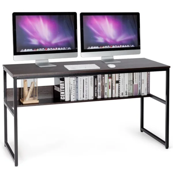 Bureau de Style Industriel L 140 X P 60 X H 76 cm avec Etagère de Rangement Cadre en Métal Café