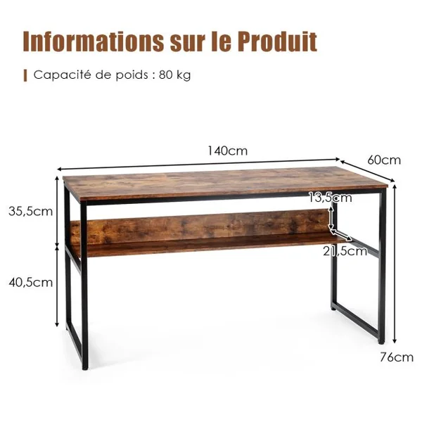 Bureau de Style Industriel L 140 X P 60 X H 76 cm avec Etagère de Rangement Cadre en Métal Rustique Marron