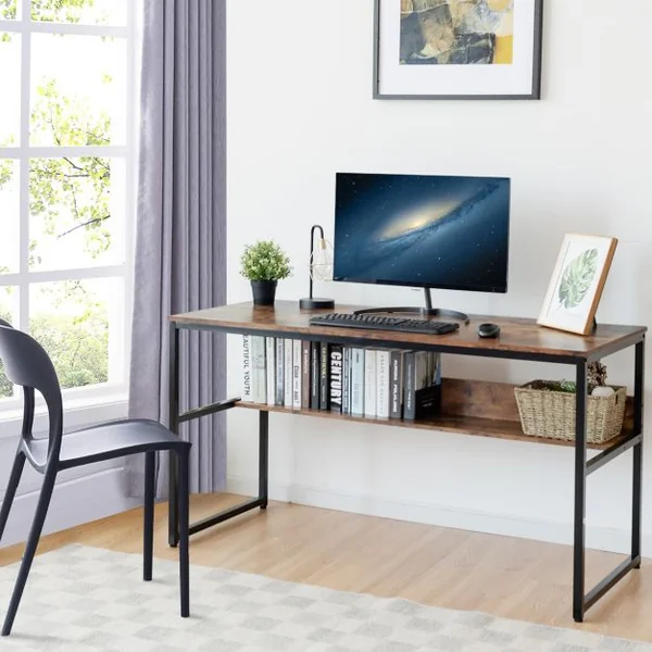 Bureau de Style Industriel L 140 X P 60 X H 76 cm avec Etagère de Rangement Cadre en Métal Rustique Marron