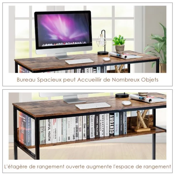 Bureau de Style Industriel L 140 X P 60 X H 76 cm avec Etagère de Rangement Cadre en Métal Rustique Marron