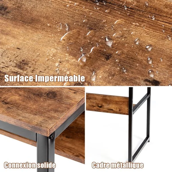 Bureau de Style Industriel L 140 X P 60 X H 76 cm avec Etagère de Rangement Cadre en Métal Rustique Marron