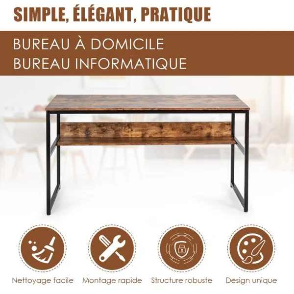 Bureau de Style Industriel L 140 X P 60 X H 76 cm avec Etagère de Rangement Cadre en Métal Rustique Marron