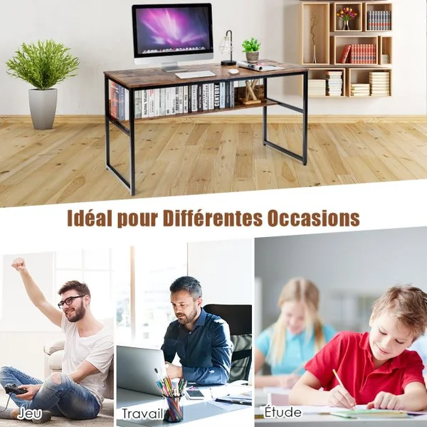 Bureau de Style Industriel L 140 X P 60 X H 76 cm avec Etagère de Rangement Cadre en Métal Rustique Marron
