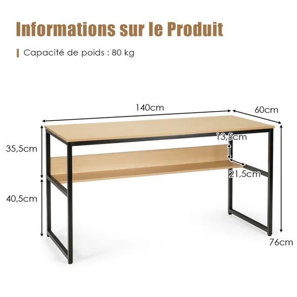 Bureau de Style Industriel L 140 X P 60 X H 76 cm avec Etagère de Rangement Cadre en Métal Rustique Naturel
