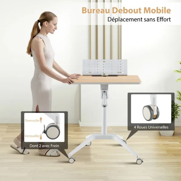 Bureau Debout Mobile 48x71cm à 4 Roulettes PU Podium Mobile Hauteur Réglable avec Pupitre Amovible 77-107 cm Naturel