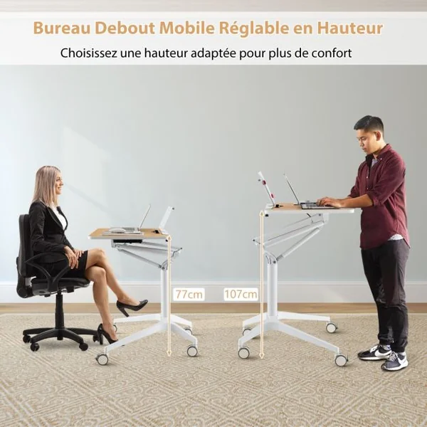 Bureau Debout Mobile 48x71cm à 4 Roulettes PU Podium Mobile Hauteur Réglable avec Pupitre Amovible 77-107 cm Naturel