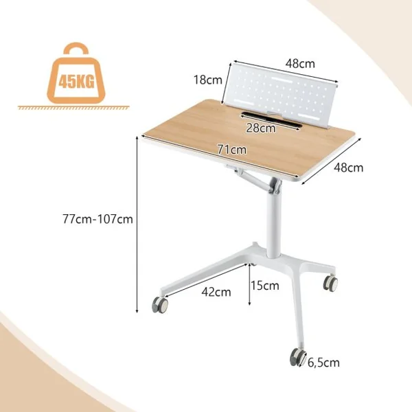 Bureau Debout Mobile 48x71cm à 4 Roulettes PU Podium Mobile Hauteur Réglable avec Pupitre Amovible 77-107 cm Naturel