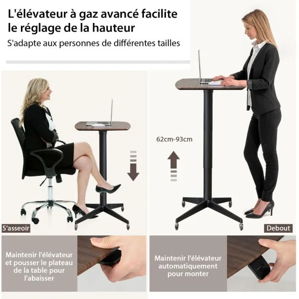 Bureau Debout Mobile 76x48cm Podium Mobile Hauteur Réglable avec Cadre en Alu avec Levage Pneumatique 76 x 48 x 62-93 cm Marron