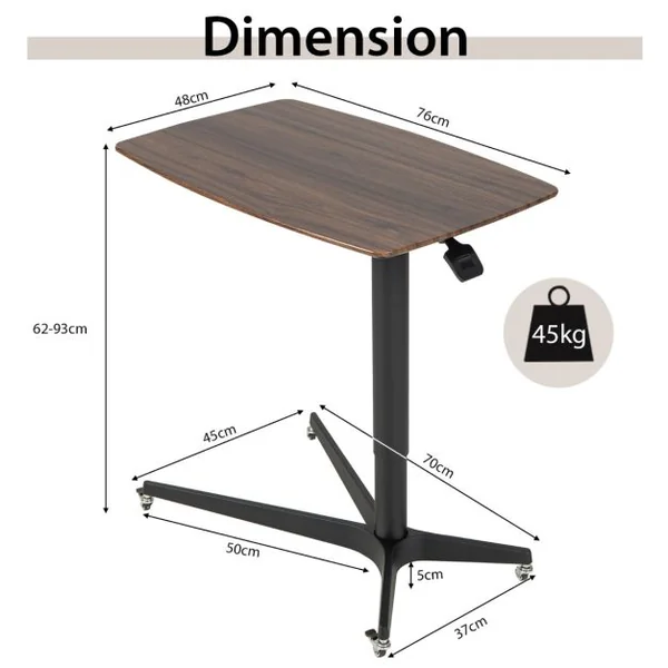 Bureau Debout Mobile 76x48cm Podium Mobile Hauteur Réglable avec Cadre en Alu avec Levage Pneumatique 76 x 48 x 62-93 cm Marron
