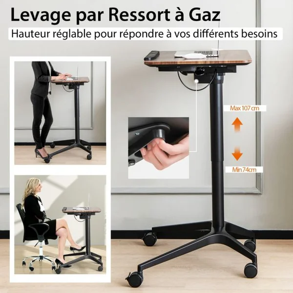 Bureau Debout Mobile Podium Mobile Angle et Hauteur Réglable avec Porte-gobelet Cadre en Alu avec Levage Pneumatique 72 x 50 x 74-107 cm Marron