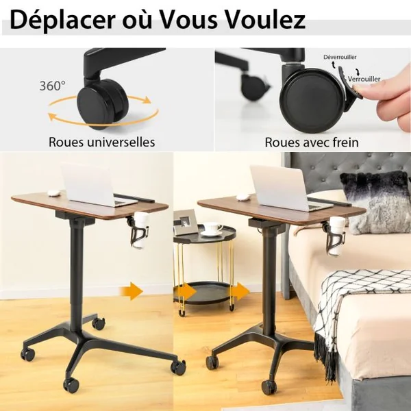Bureau Debout Mobile Podium Mobile Angle et Hauteur Réglable avec Porte-gobelet Cadre en Alu avec Levage Pneumatique 72 x 50 x 74-107 cm Marron