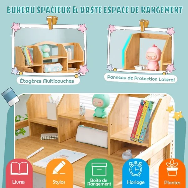 Bureau d'Enfant avec Chaise - Evolutif avec Petite Bibliothèque pour Rangement en Bambou Ecologiste Naturel