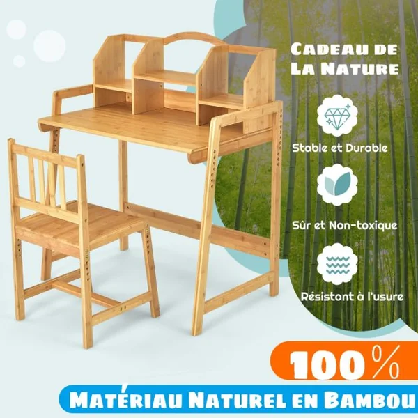 Bureau d'Enfant avec Chaise - Evolutif avec Petite Bibliothèque pour Rangement en Bambou Ecologiste Naturel